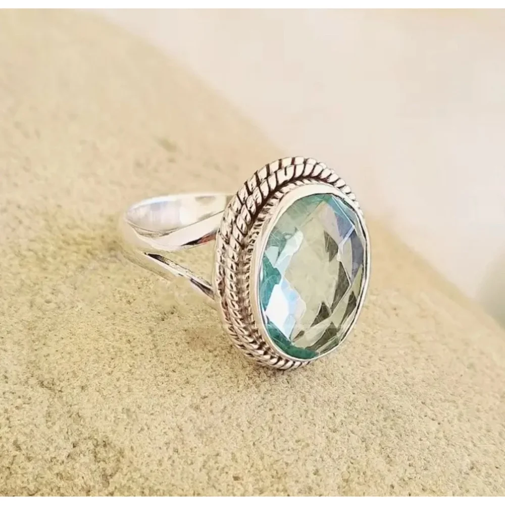 Oval Ocean Blue Zircon Silver Ring